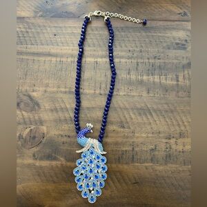 Eye Candy LA Royal Blue Peacock Brooch Necklace